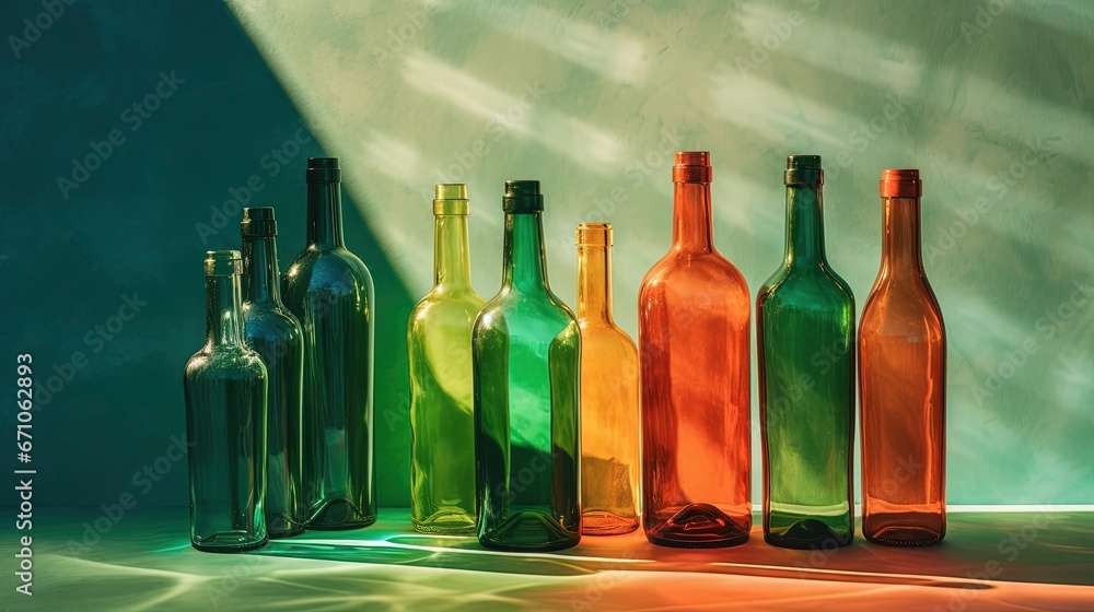Poster a group of different colored wine bottles sitting on a table. generative ai