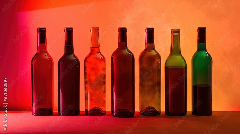 Poster a row of wine bottles sitting on top of a table. generative ai