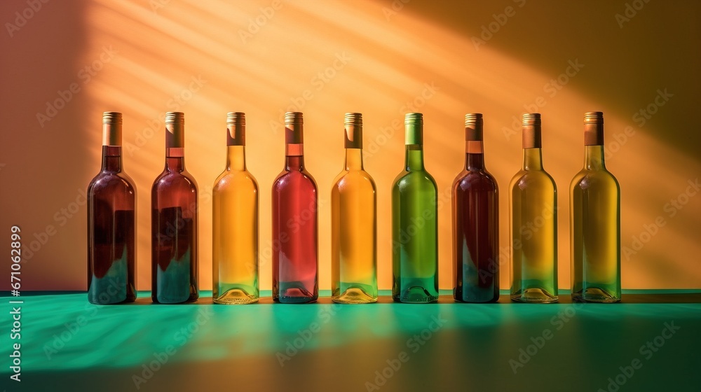 Poster a row of wine bottles sitting on top of a table. generative ai