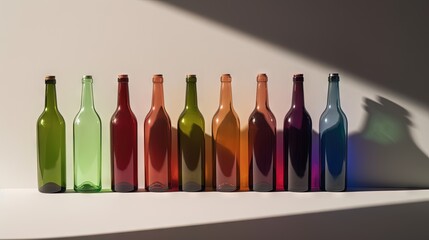  a row of different colored wine bottles sitting on a shelf.  generative ai