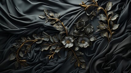 An opulent and dramatic fabric, adorned with intricate black and gold floral motifs, exuding a sense of luxury and elegance