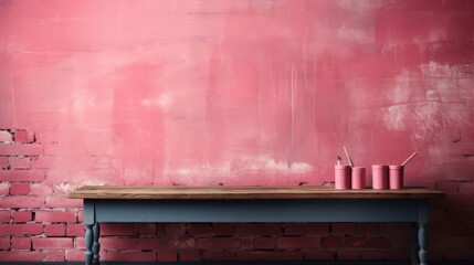 A vibrant splash of pink against a forgotten wall, a lonely bench awaits amidst the abandoned building, a striking contrast of beauty and decay in the great outdoors