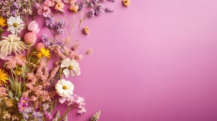  a bunch of wild flowers on a pink background with space for text.  generative ai