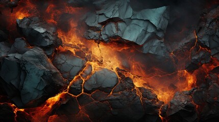 A fiery inferno dances within the cool, ancient embrace of a hidden cave, as molten lava seeps through the cracks in the rocks, igniting the raw power of nature's untamed flames - obrazy, fototapety, plakaty