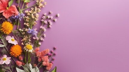  a bunch of flowers that are on a purple surface with a purple background.  generative ai