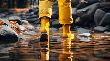 Person in yellow pants and boots walking through water near rocks and leaves during autumn