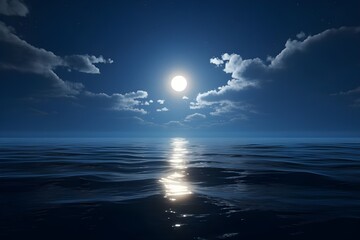 Fototapeta na wymiar An awe-inspiring shot of a full moon rising over a calm ocean, casting a path of shimmering silver on the water's surface
