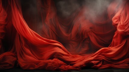 A passionate wave of crimson cascades against a moody canvas, evoking a dramatic display of art and intrigue through the veil of a rich red curtain