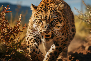 Hunting roaring leopard, wild animal look