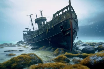 Foto op Canvas Old ancient sunken ship at the bottom of the sea © Goffkein
