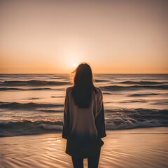 Fototapeta premium woman on the beach at sunset