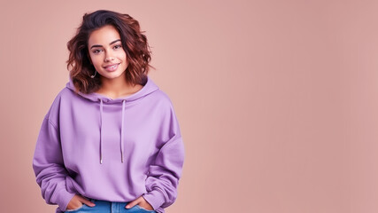 An Indian woman wearing violet sweatshirt isolated on pastel background