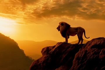 Lion standing on top of a mountain during sunset