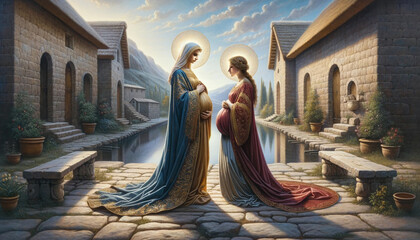 Two Pregnant Women: The Sacred Visitation of Mary to her Beloved Cousin Elizabeth, Unveiling a Miraculous Union of Faith and Joy - obrazy, fototapety, plakaty