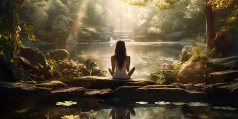 Woman meditating in front of  tranquil waterfall and pond.  - obrazy, fototapety, plakaty
