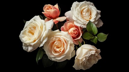  a bunch of white and peach roses on a black background.  generative ai