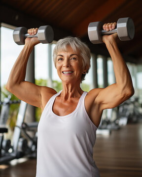 Active Senior Woman, Exercising with Dumbbells in Fitness Gym. Generated by AI.