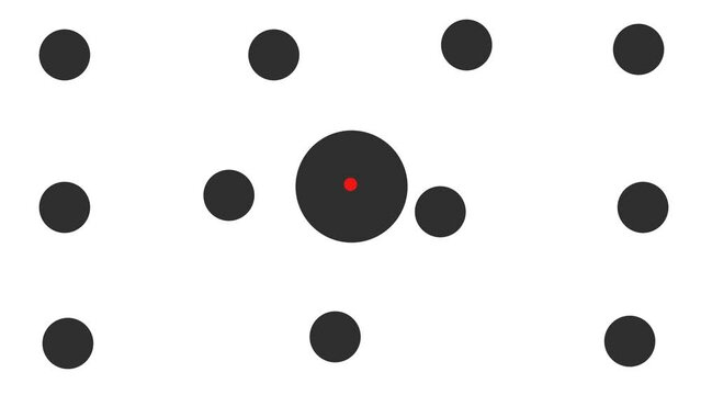 The big black circles move around a lot. The central figure with the red dot changes size.