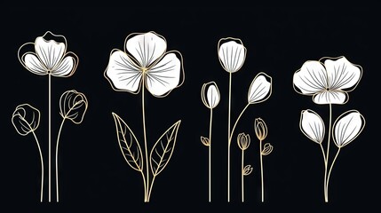  a group of flowers that are on a black background with gold foil.  generative ai