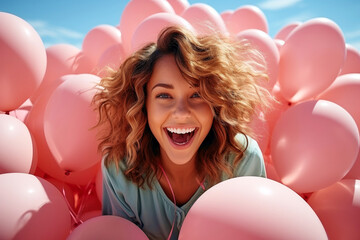 Portrait of a satisfied excited laughing girl among pink helium balloons enjoying happy moment life