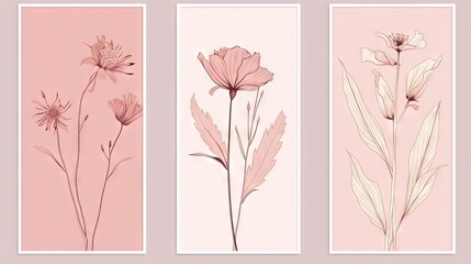  a set of three vertical banners with flowers on a pink background.  generative ai