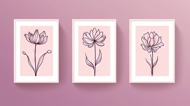  three framed flowers on a pink wall with a pink background.  generative ai