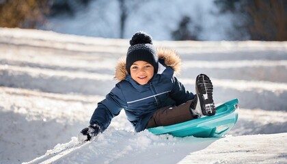 Little boy sliding on snow in winter. Kid playing outdoors