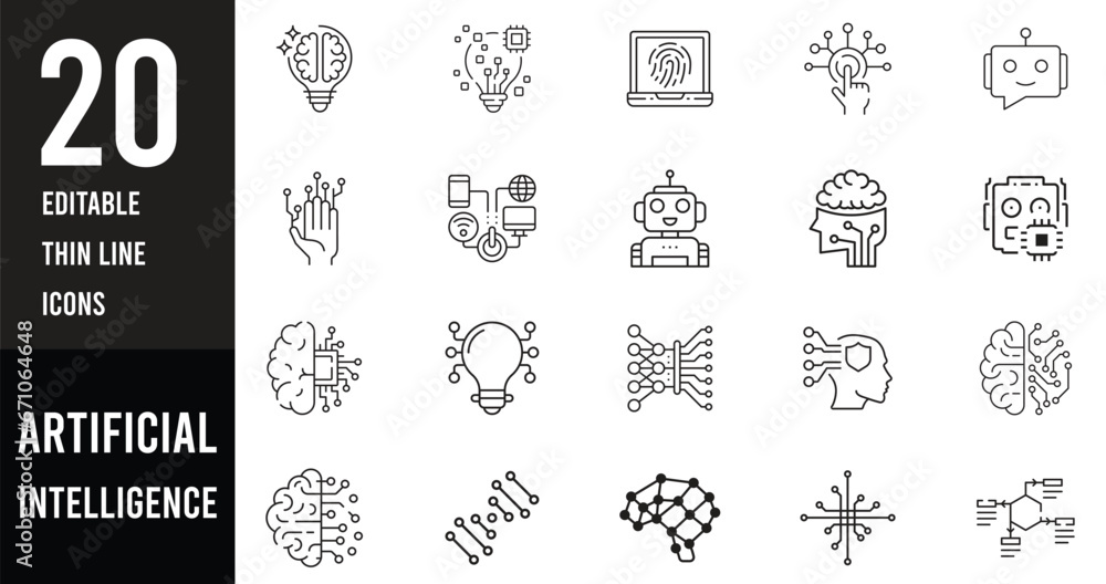 Poster artificial intelligence icon set in line style, machine learning, smart robotic and cloud computing network digital AI technology: internet, solving, algorithm, vector illustration.