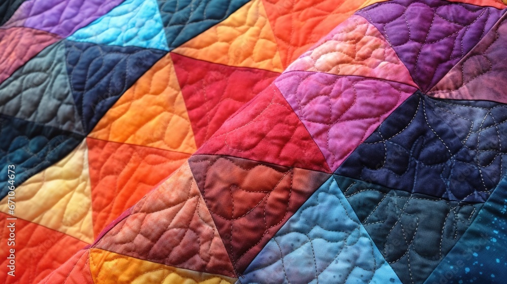 Poster a close up of a colorful quilt on a table top. generative ai