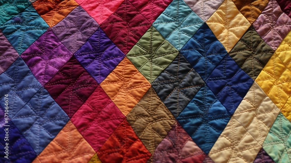 Poster a colorful quilt with many different colors of fabric on it. generative ai