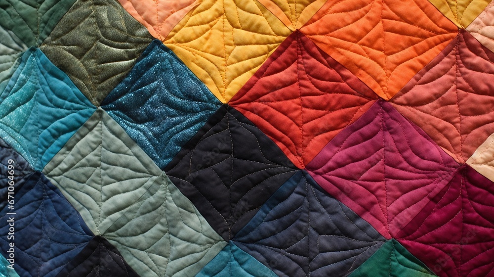 Poster a multicolored quilt with a diamond pattern on it. generative ai