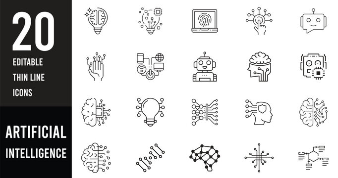 artificial intelligence icon set in line style, machine learning, smart robotic and cloud computing network digital AI technology: internet, solving, algorithm, vector illustration.