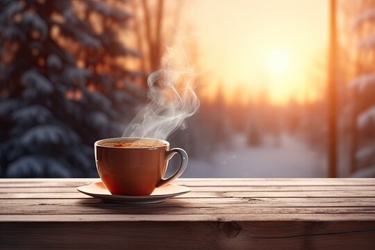 Hot Coffee Cup With Beans And Smoke On Wooden Table Background. Winter Backdrop. Christmas. Decoration. Wallpaper