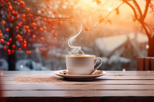 Hot Coffee Cup With Beans And Smoke On Wooden Table Background. Winter Backdrop. Christmas. Decoration. Wallpaper