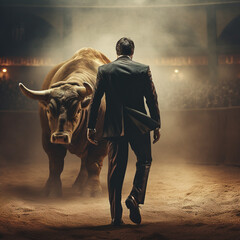 Business man vs a bull stock market, in the stock market bullish gains metaphor for stock exchange growth in finance wealth. 