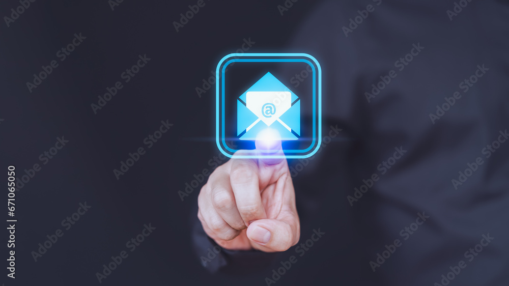 Poster Man touch on email in virtual screen, new email notification inbox receiving electronic message alert.