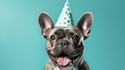  a dog wearing a party hat with its tongue out and it's tongue out.  generative ai
