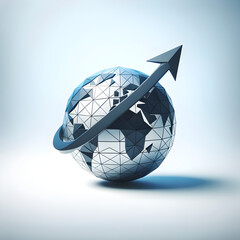 Global Growth Concept: 3D Geometric World Globe with Ascending Arrow Illustrating International Business Expansion and Market Rise