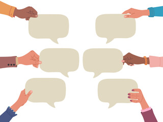 Diverse hands holding a empty speech bubbles. Communication concept. People exchange ideas. Hand drawn vector illustration isolated on white background, modern flat cartoon style.