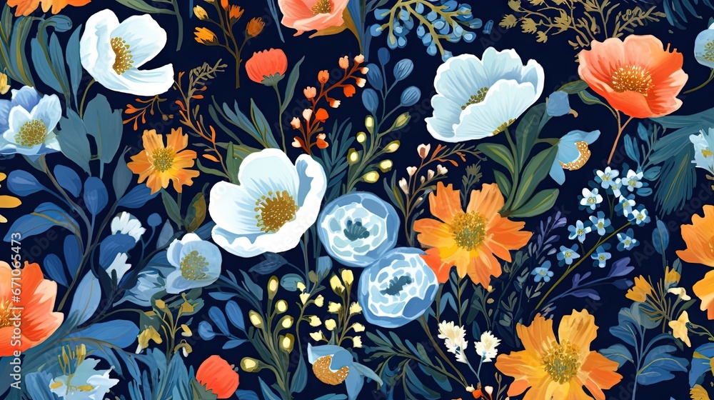 Poster an image of a flower pattern on a dark background with blue and orange flowers. generative ai