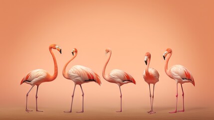  a group of pink flamingos standing in a line on a pink background.  generative ai