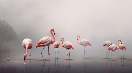  a group of flamingos standing in the water with their beaks in the air.  generative ai