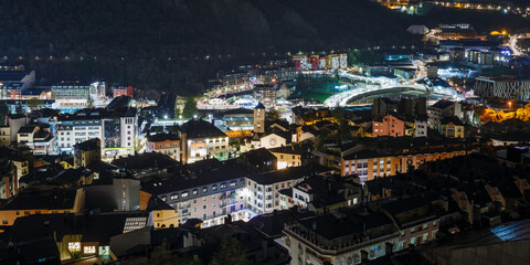 Fototapeta na wymiar Cityscape night view in Andorra la Vella, Andorra. Travel ski resort