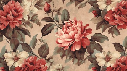  a floral wallpaper with red, white and green flowers.  generative ai