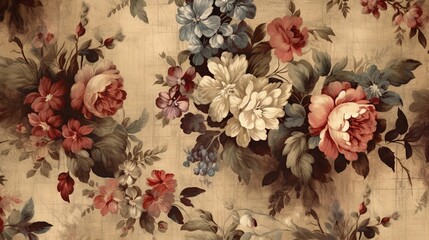  a floral wallpaper with many different flowers on a beige background.  generative ai
