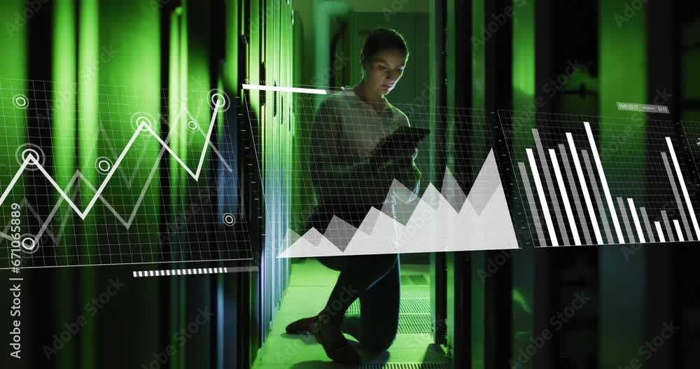 Poster animation of statistical data processing over caucasian female engineer using tablet at server room