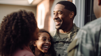 Soldier returning home, greeting his family, African American, blurred background, with copy space
