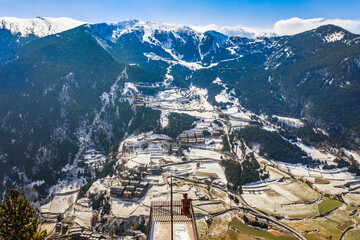 Fototapeta na wymiar Winter snow landscape mountain view in Andorra, Europe