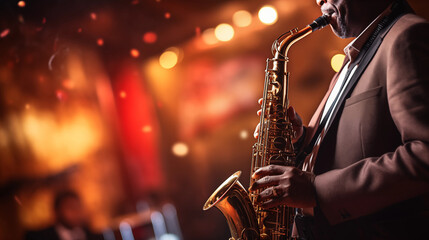 Man playing a saxophone in a jazz club, African American, blurred background, with copy space - obrazy, fototapety, plakaty