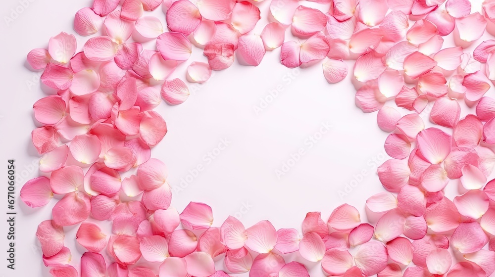 Poster a circle made of pink flowers on a white background with space for text. generative ai